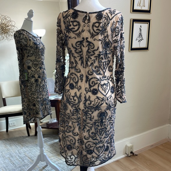Size 8 nude with a slate colored design cocktail dress by Pissaro Nights NWT - Picture 6 of 8